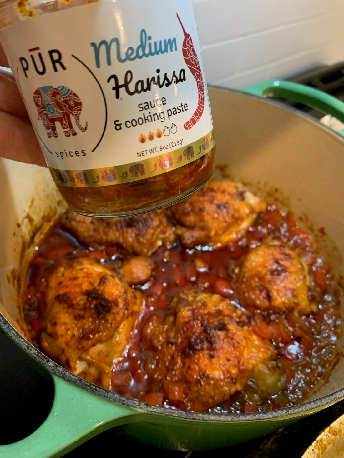Harissa Pan Roasted Chicken Thighs with Crispy Marble Potatoes