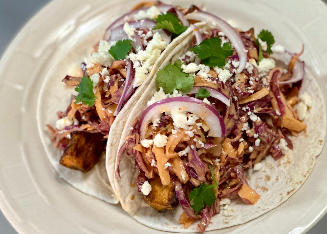 Sweet Potato Tacos with Coconut Harissa Slaw