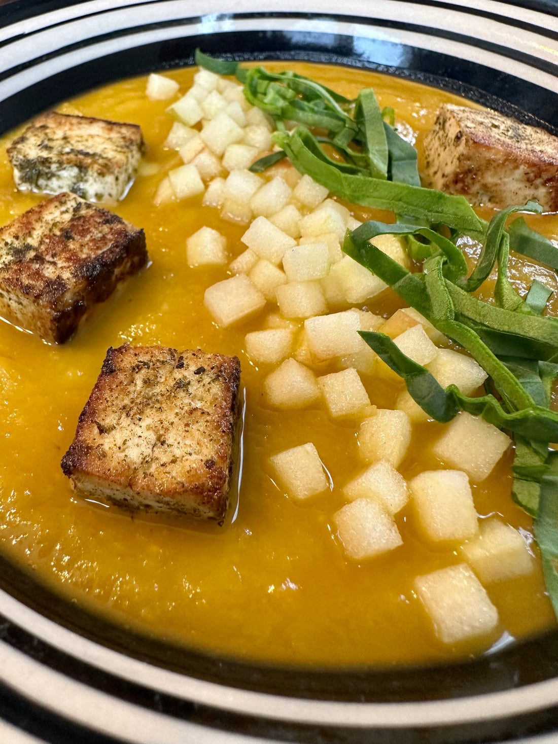 Winter Squash Soup with Tofu Croutons, Apple, and Spinach