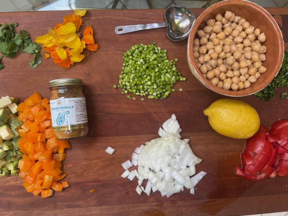 Achaar Masala Summer Vegetables and Chickpeas